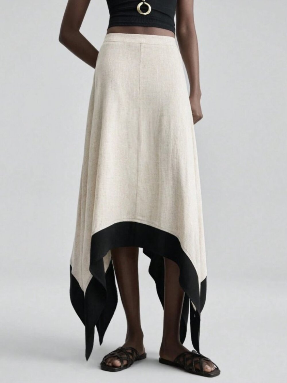 Ivory Cream Contrast Trim Handkerchief Hem Midi Skirt